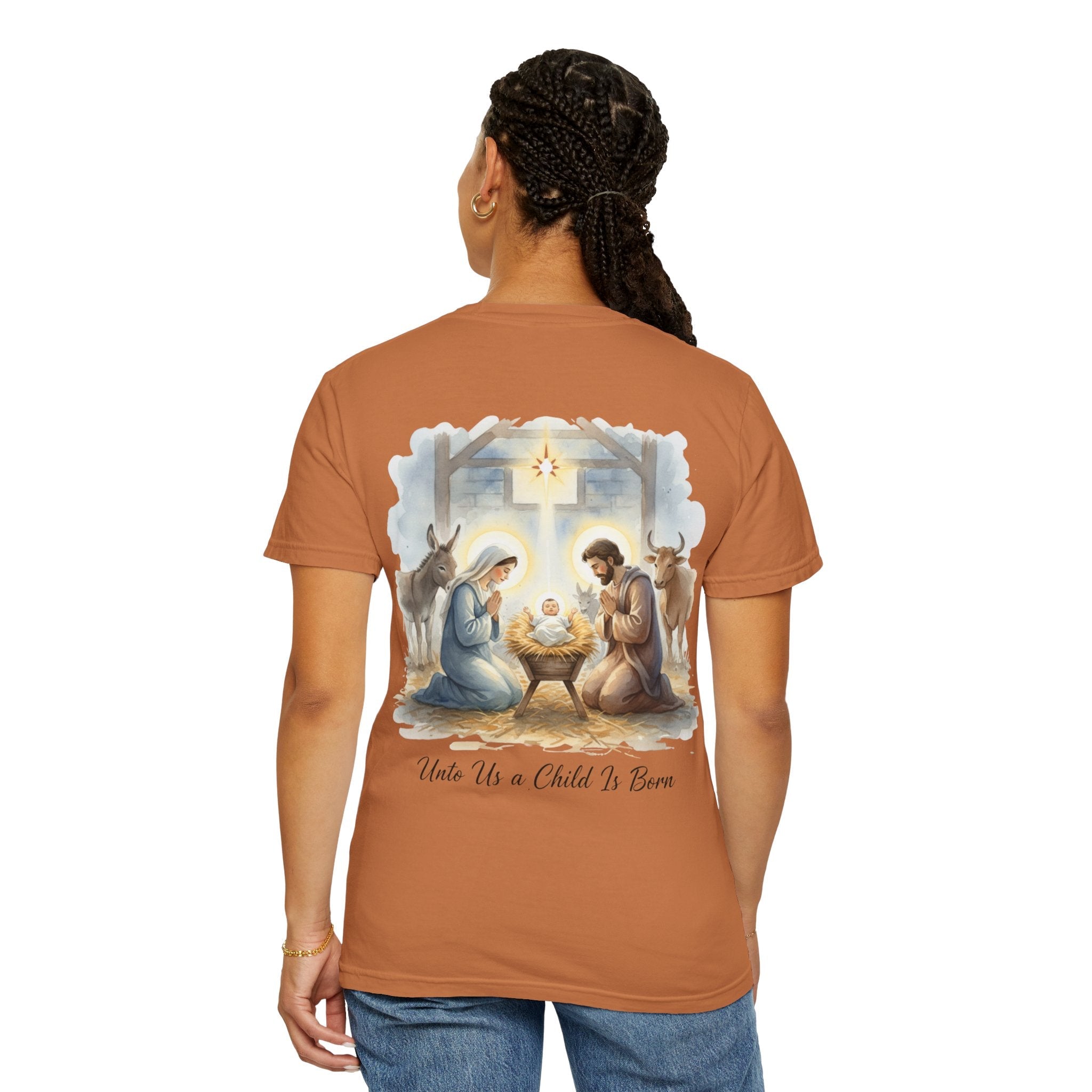 Unto Us a Child is Born T-shirt – Isaiah 9:6 Nativity Manger Scene Christian Christmas T-shirt for Holy Night Faith Printify