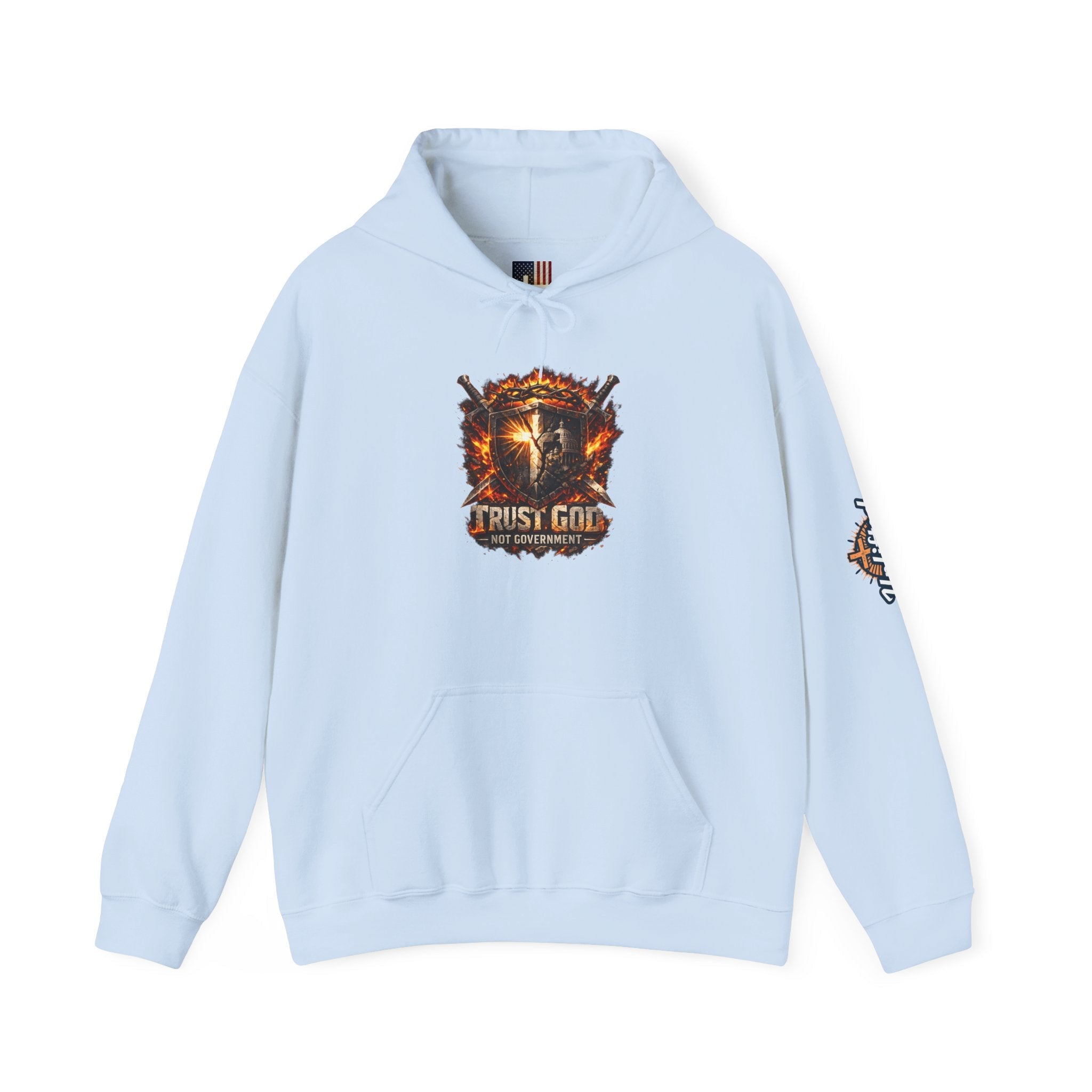 Trust God Not Government Shield Hoodie — Patriotic Christian Faith Hoodie Printify