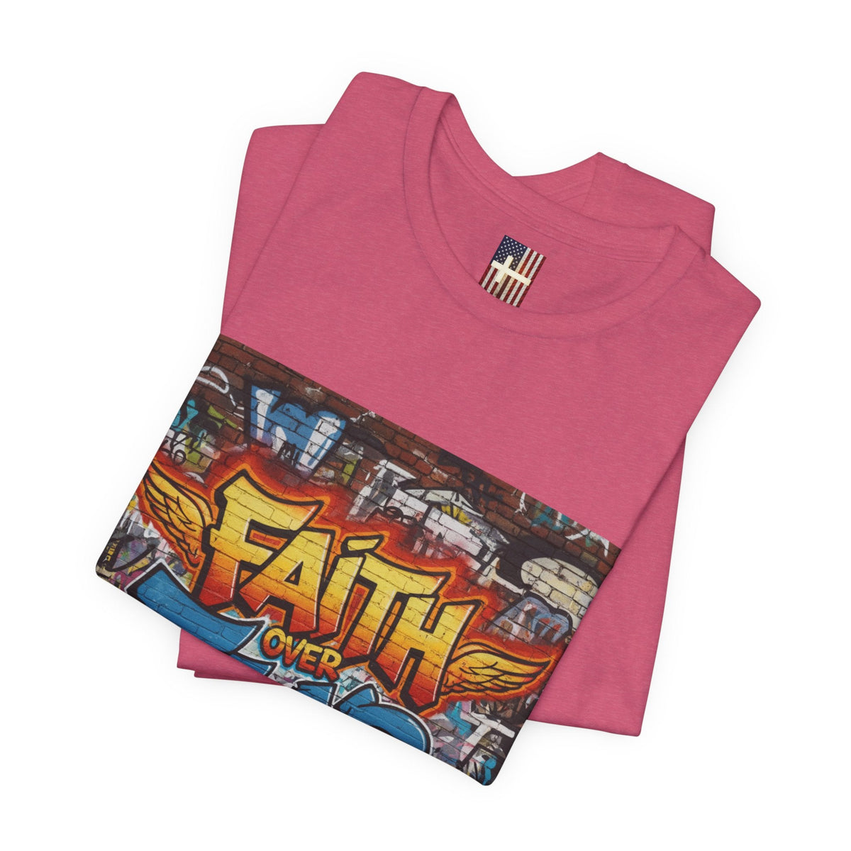 Faith Over Fear T-shirt – Graffiti Wall Christian T-shirt for Bold 2 Corinthians 5:7 Streetwear & Unshakable Faith Printify