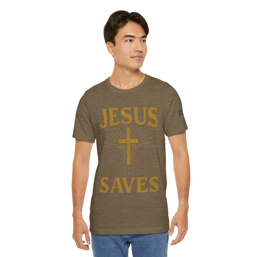 Jesus Saves T-shirt – Radiant Cross & Rays of Light Christian T-shirt for Eternal Hope & Faith Printify