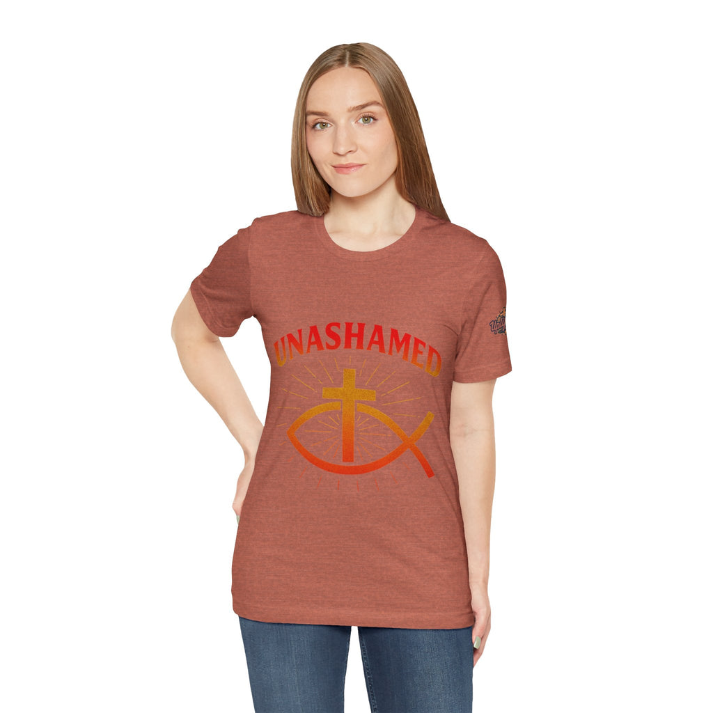 Unashamed T-shirt – Ichthys Jesus Fish & Cross Christian T-shirt for Romans 1:16 Bold Faith Printify