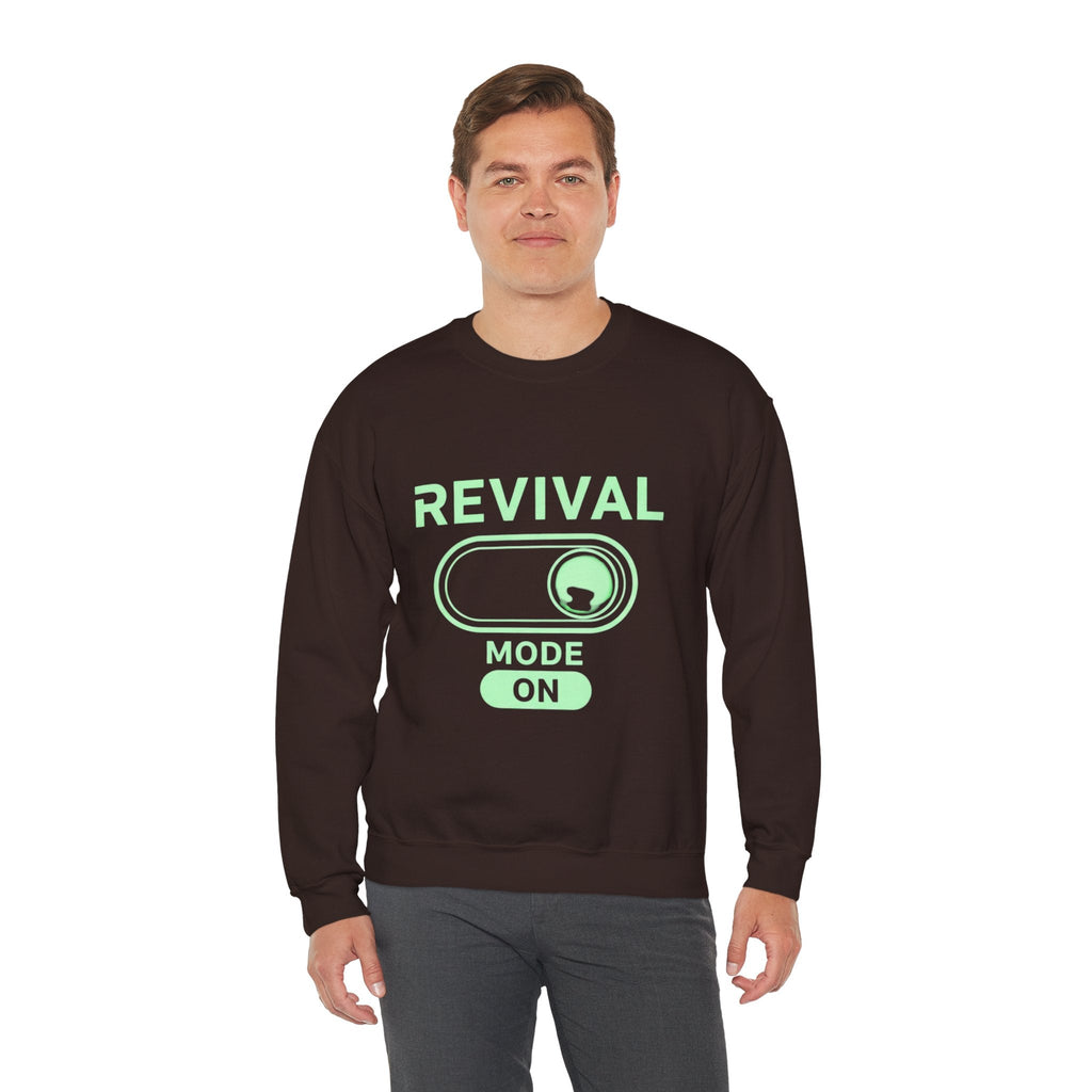 🔥 Revival Mode: ON – Christian Techwear Sweatshirt | Glowing Green Faith Switch | Futuristic Jesus Shirt | Activate Your Spiritual Awakening | Uplifted Gear Printify