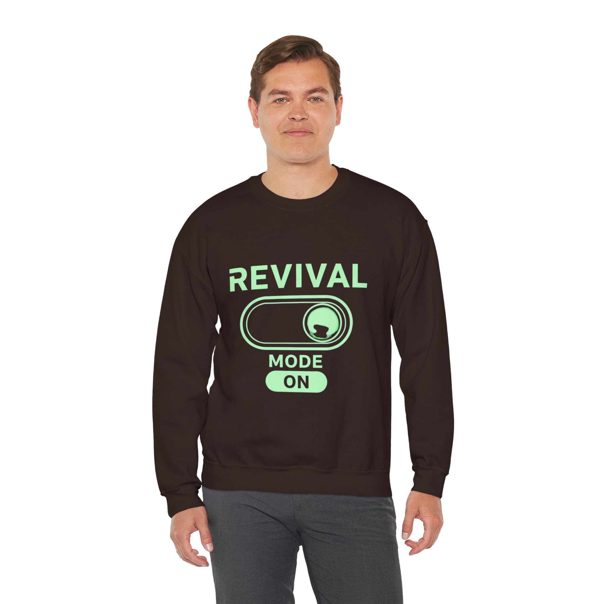 🔥 Revival Mode: ON – Christian Techwear Sweatshirt | Glowing Green Faith Switch | Futuristic Jesus Shirt | Activate Your Spiritual Awakening | Uplifted Gear Printify