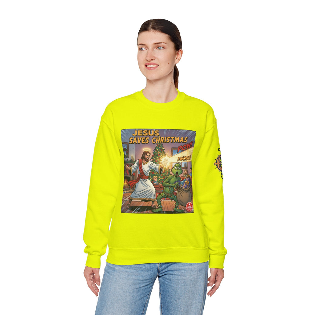 Jesus Saves Christmas Sweatshirt – Grinch vs Savior Light Battle Christian Sweatshirt for Hilarious Holiday Faith & True Joy Printify