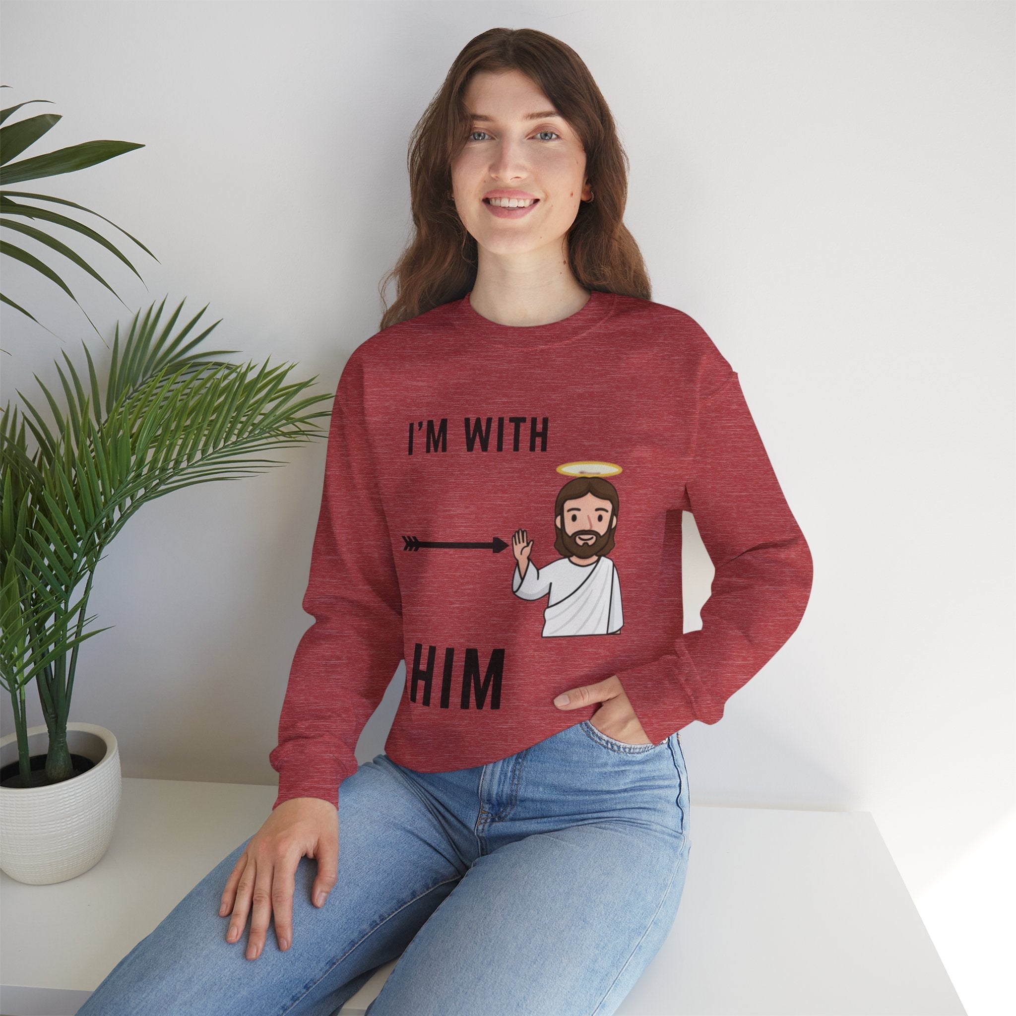 🔥 I’m With Him → Christian Sweatshirt | Arrow Pointing to Jesus | Minimalist Faith Tee | Subtle Cross Design | Bible-Inspired Apparel by Uplifted Gear Printify