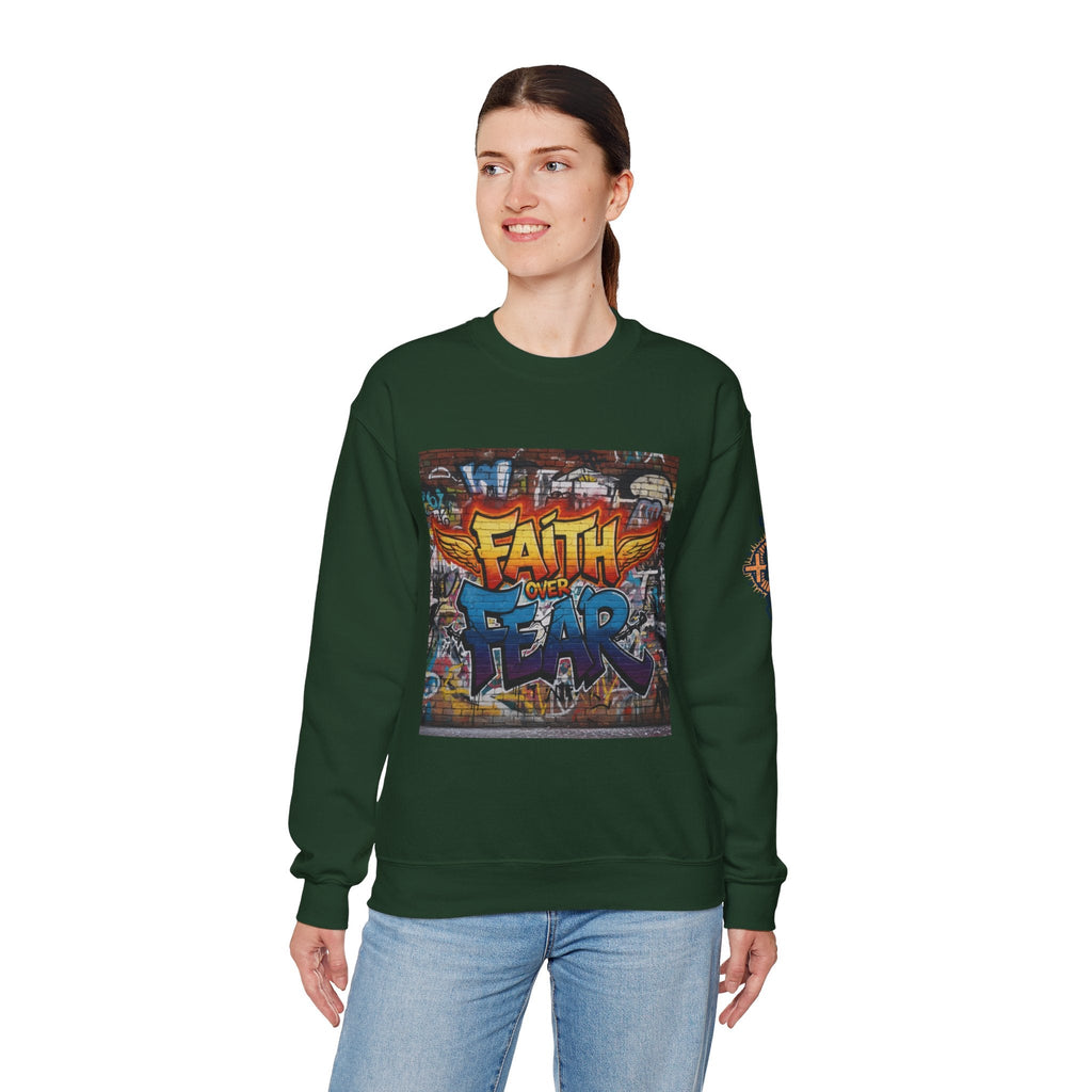 Faith Over Fear Sweatshirt – Graffiti Wall Christian Sweatshirt for Bold 2 Corinthians 5:7 Streetwear & Unshakable Faith Printify