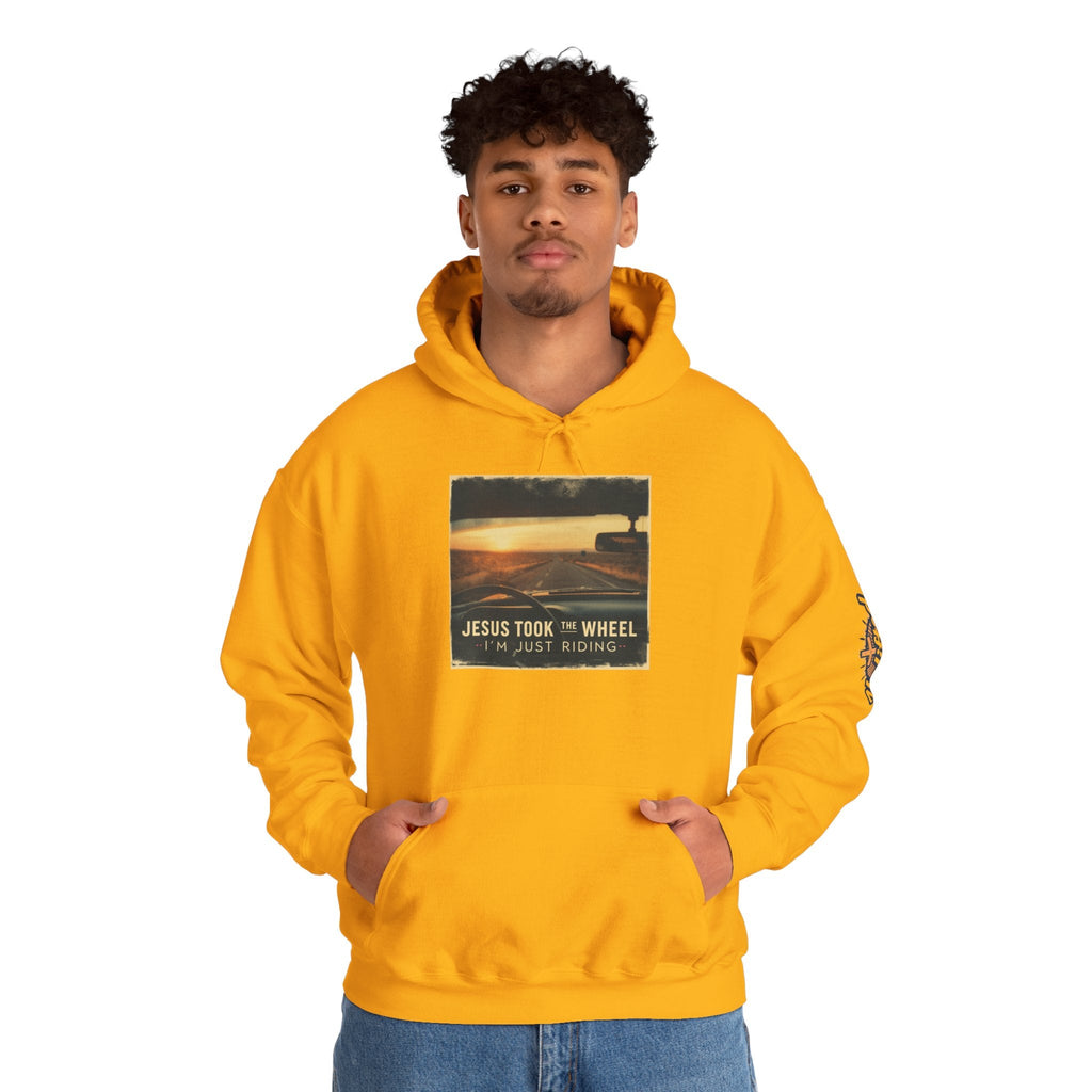 Jesus Took the Wheel I'm Just Riding Hoodie – Funny Christian Convertible Car Sweatshirt for Surrendered Faith & Humor Printify
