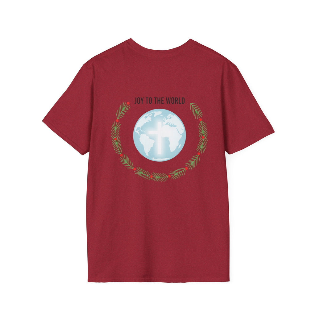 Joy to the World T-shirt – Wreath Earth Nativity Christian Christmas T-shirt for Isaiah 9:6 Holiday Faith & Festive Joy Printify