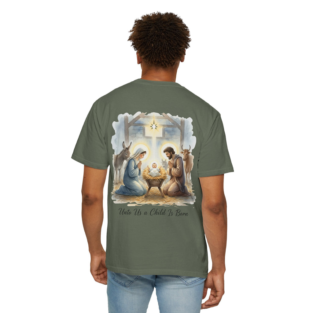 Unto Us a Child is Born T-shirt – Isaiah 9:6 Nativity Manger Scene Christian Christmas T-shirt for Holy Night Faith Printify