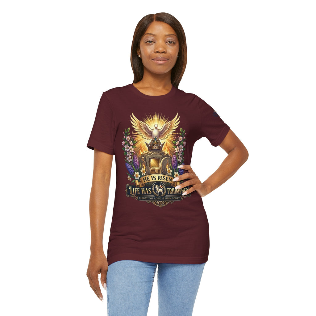 He Is Risen "Life Has Triumphed" T-Shirt — Easter Resurrection Christian Tee Printify