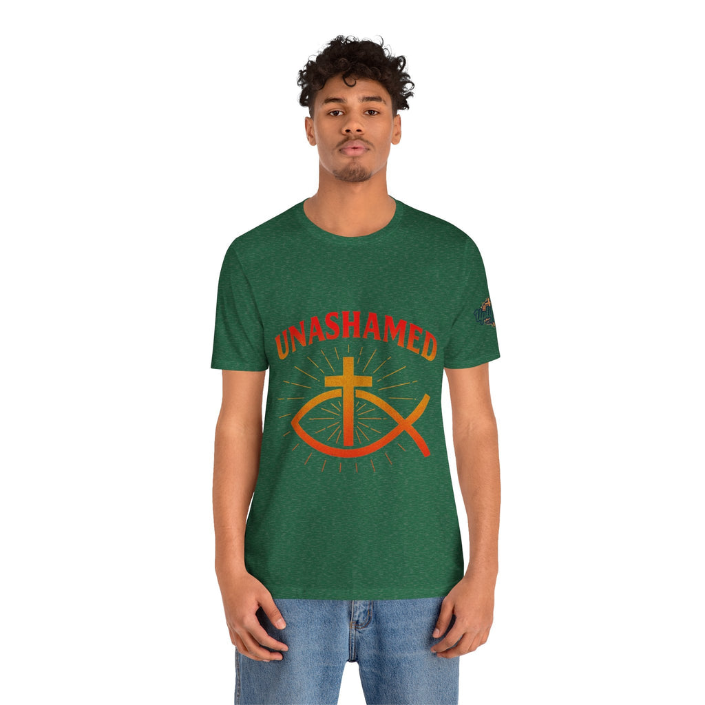 Unashamed T-shirt – Ichthys Jesus Fish & Cross Christian T-shirt for Romans 1:16 Bold Faith Printify