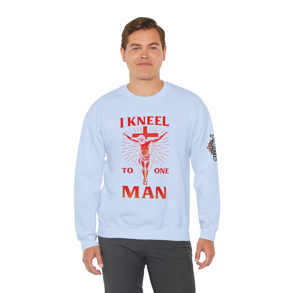 I Kneel to One Man Sweatshirt – Crucifixion Christian Sweatshirt for Unashamed Devotion & Bold Faith Printify