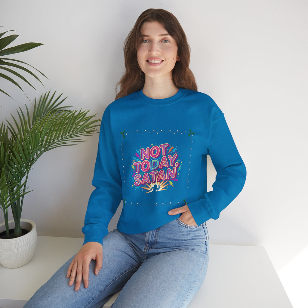 🔥 Not Today, Satan – Retro 90s Christian Sweatshirt | Neon Faith Tee | Funky Cartoon Devil | Bold Bible Verse Shirt | Uplifted Gear Printify