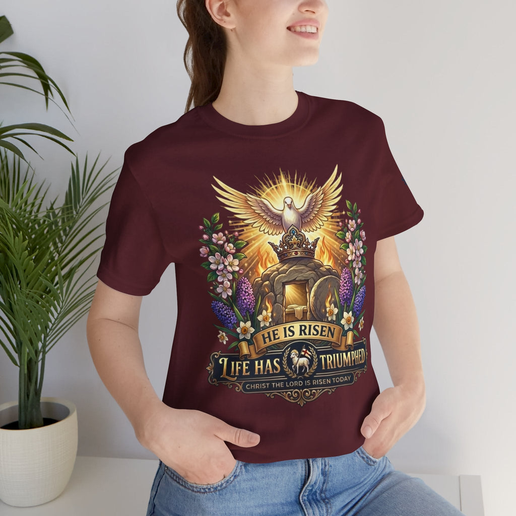 He Is Risen "Life Has Triumphed" T-Shirt — Easter Resurrection Christian Tee Printify