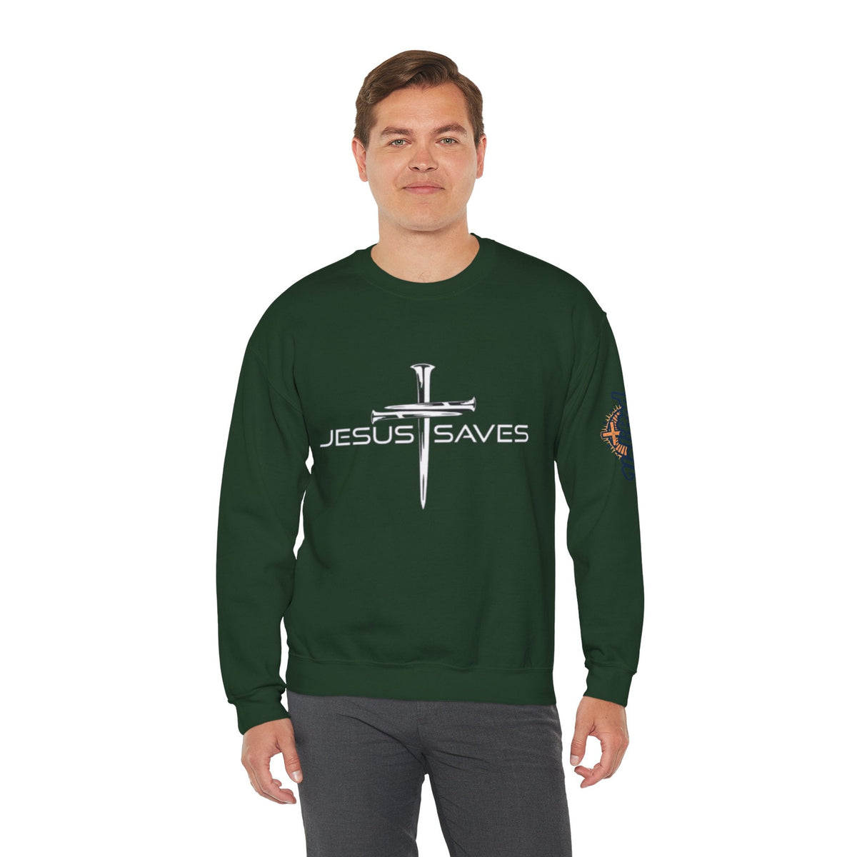 Jesus Saves Sweatshirt – 3 Nails Crucifix Cross Christian Sweatshirt for Redemption Faith & Bold Salvation Printify