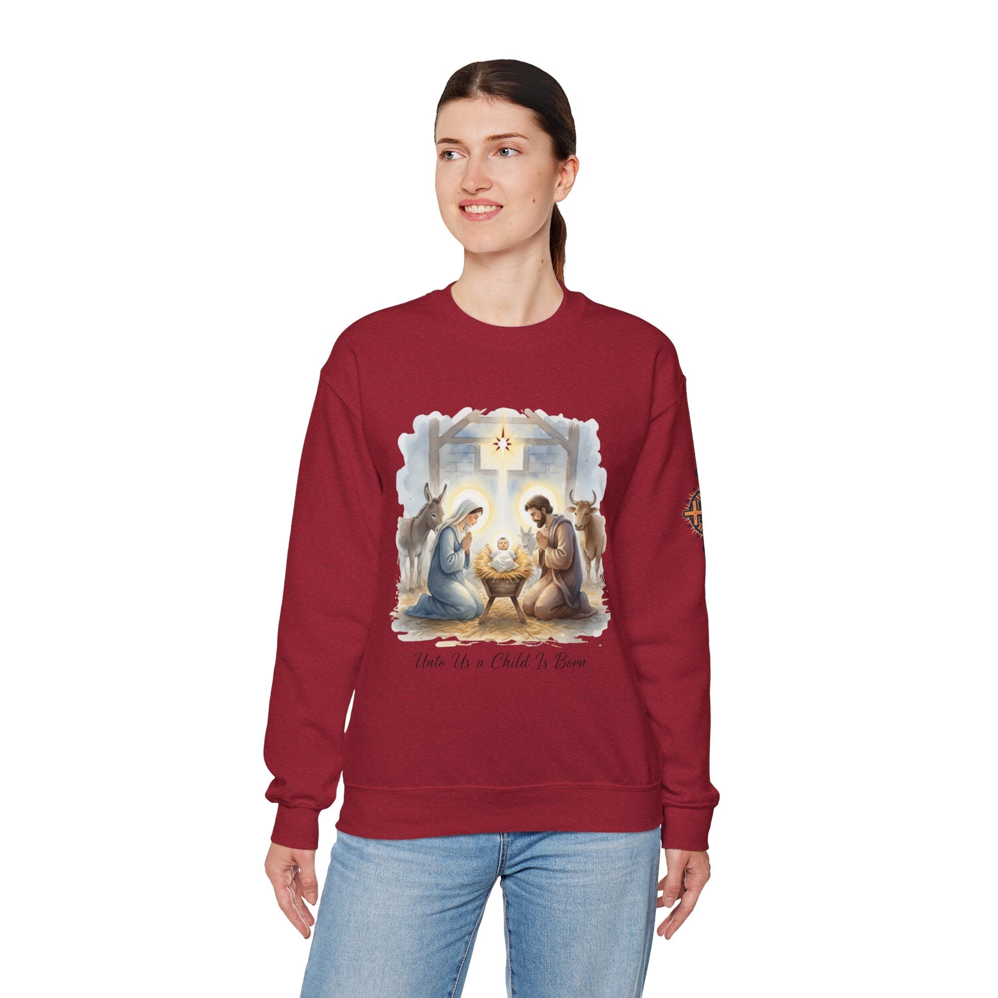 Unto Us a Child is Born Sweatshirt – Isaiah 9:6 Nativity Manger Scene Christian Christmas Sweatshirt for Holy Night Faith Printify