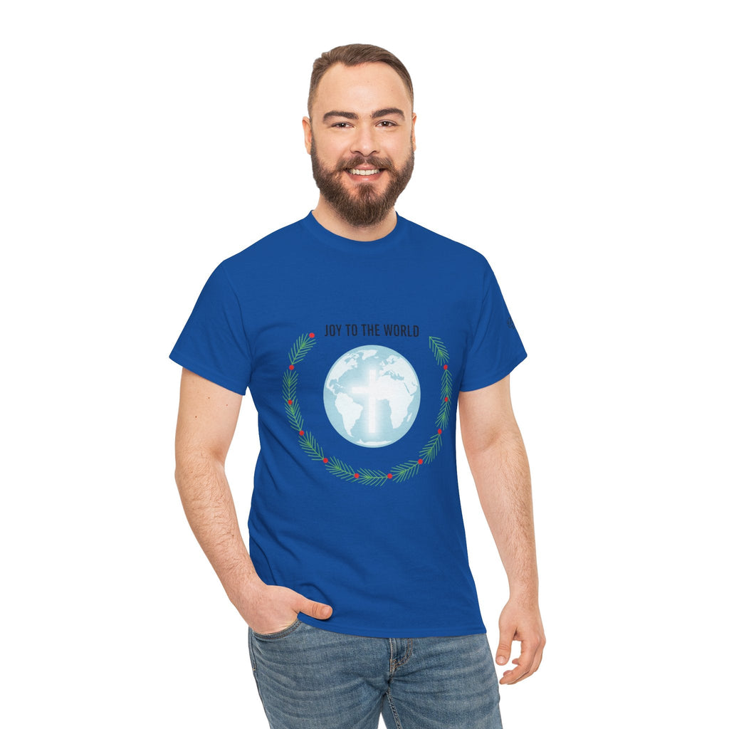 Joy to the World T-shirt – Wreath Earth Nativity Christian Christmas T-shirt for Isaiah 9:6 Holiday Faith & Festive Joy Printify