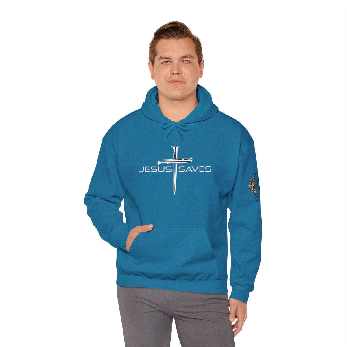 Jesus Saves Hoodie – 3 Nails Crucifix Cross Christian Sweatshirt for Redemption Faith & Bold Salvation Printify