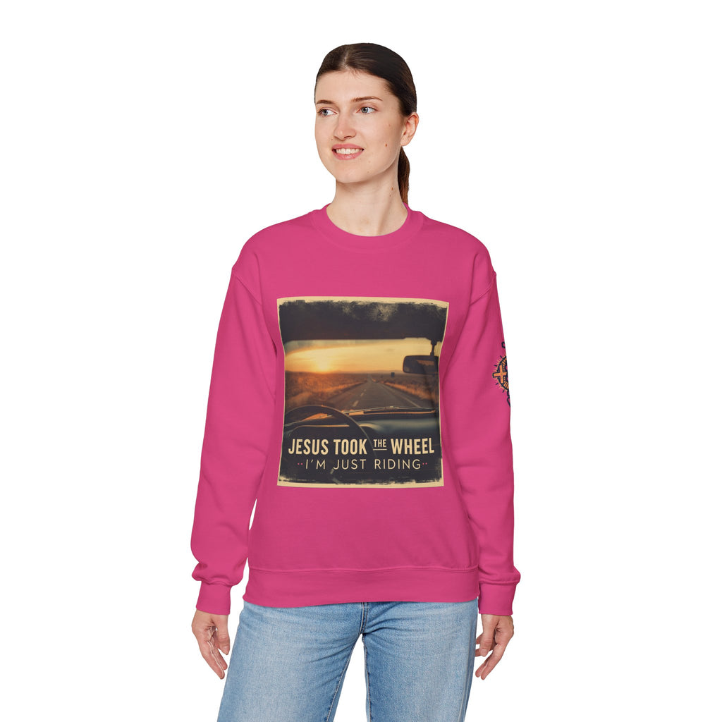 Jesus Took the Wheel I'm Just Riding Sweatshirt – Funny Christian Convertible Car Sweatshirt for Surrendered Faith & Humor