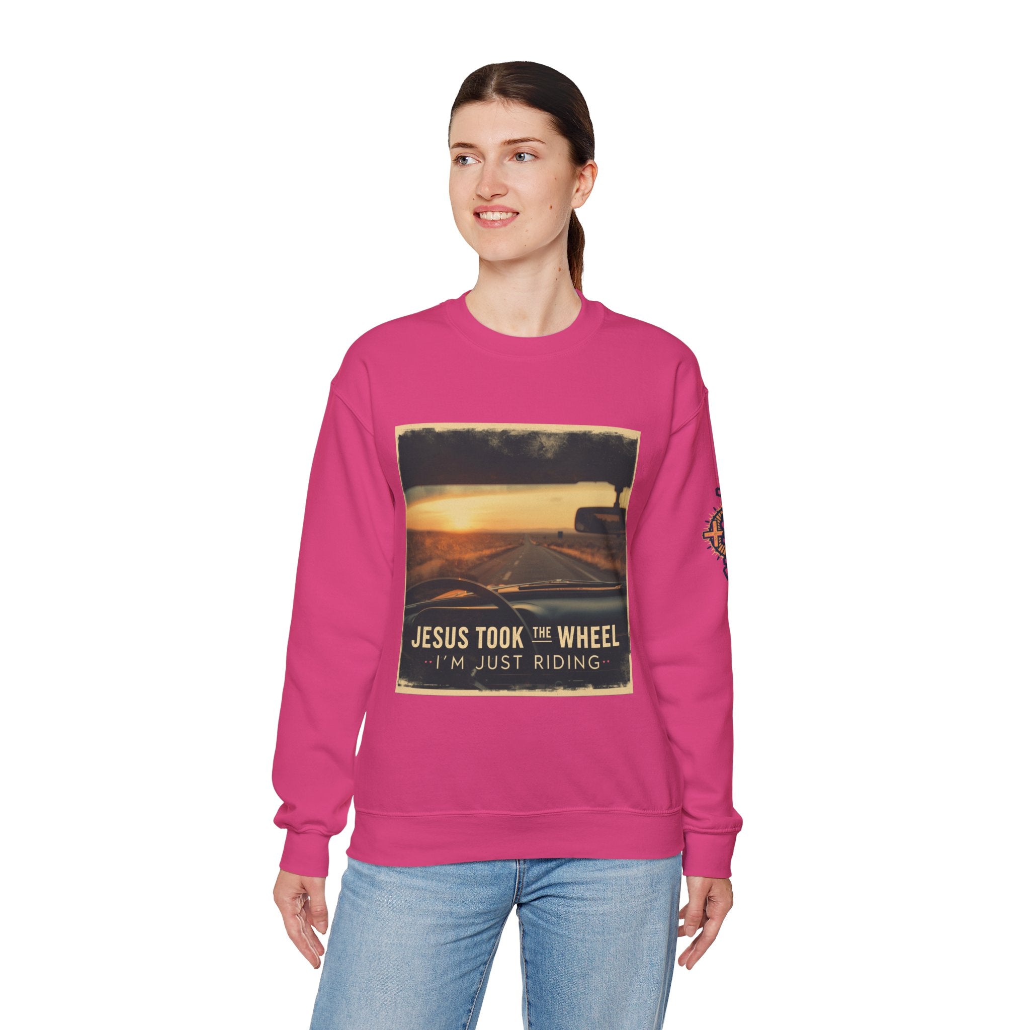 Jesus Took the Wheel I'm Just Riding Sweatshirt – Funny Christian Convertible Car Sweatshirt for Surrendered Faith & Humor
