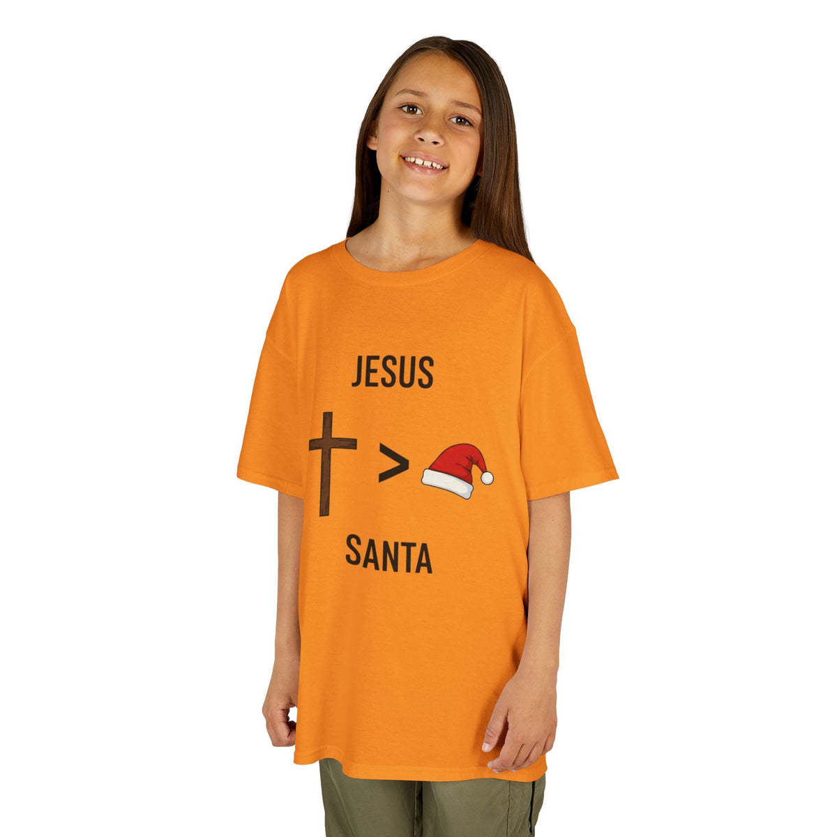 🎄 Jesus > Santa – Minimalist Christian Christmas Kids T-Shirt | Bold Faith Over Holiday Tee | Cross vs Santa Hat Design | Uplifted Gear Printify