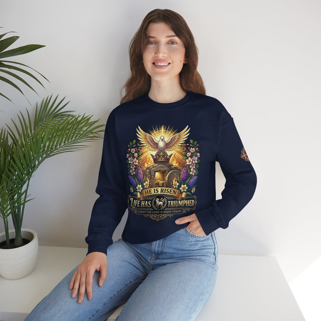 He Is Risen "Life Has Triumphed" Sweatshirt — Easter Resurrection Christian Sweatshirt Printify
