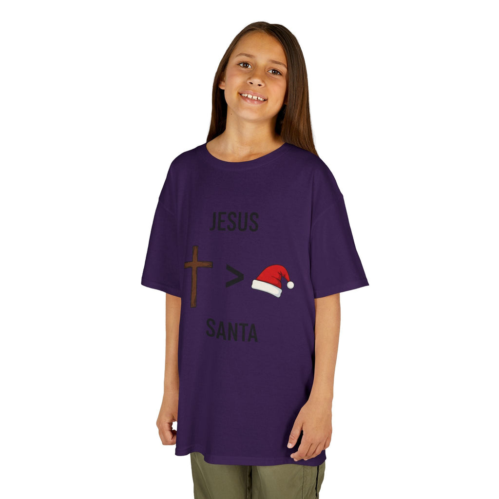 🎄 Jesus > Santa – Minimalist Christian Christmas Kids T-Shirt | Bold Faith Over Holiday Tee | Cross vs Santa Hat Design | Uplifted Gear Printify
