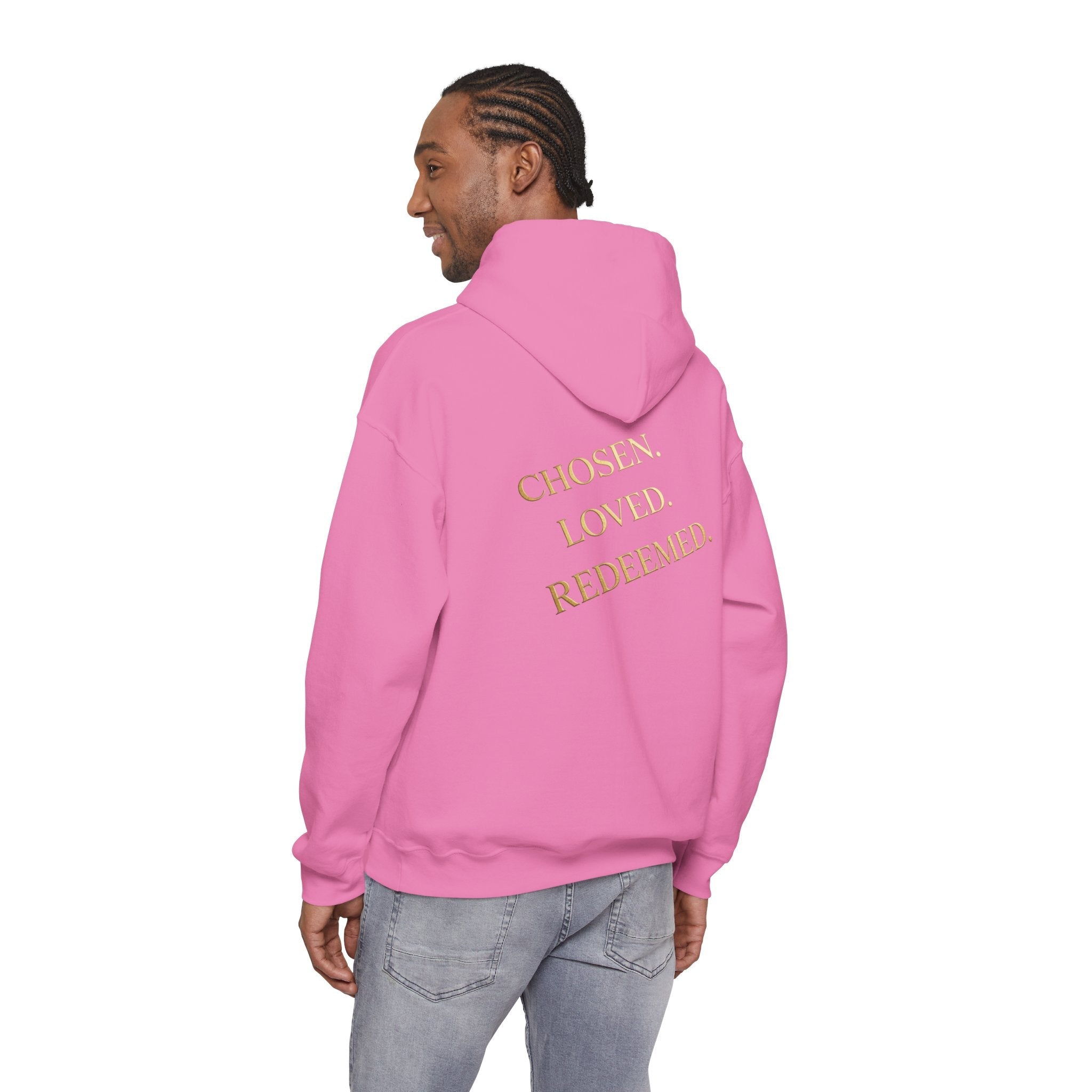 ✨ Chosen. Loved. Redeemed. – Elegant Christian Hoodie | Gold Foil Faith Tee | Subtle Cross & Heart Design | Inspirational Bible Verse Apparel by Uplifted Gear Printify