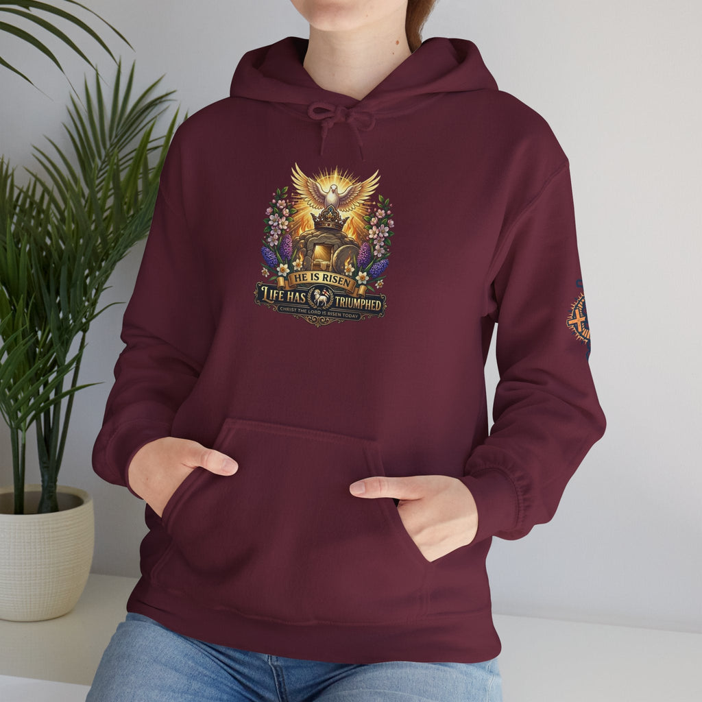 He Is Risen "Life Has Triumphed" Hoodie — Easter Resurrection Christian Hoodie Printify