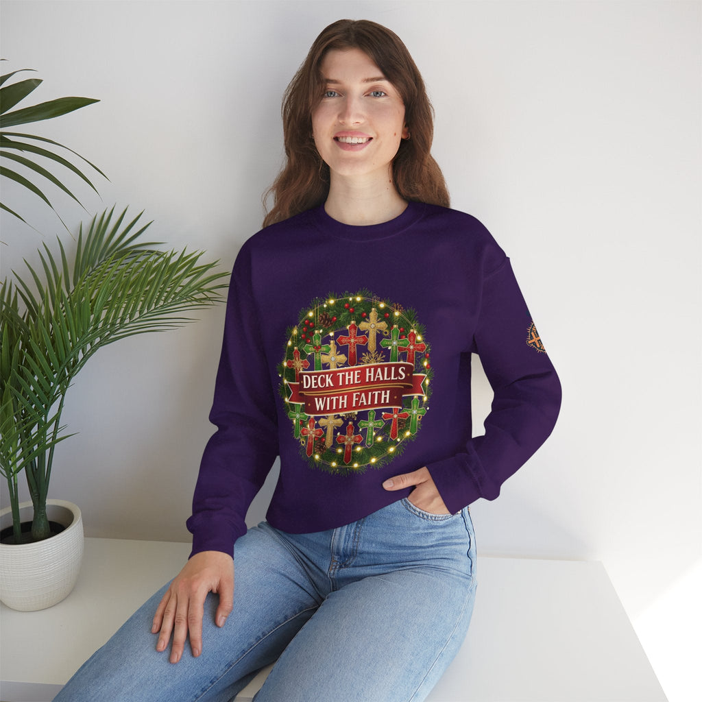🎄 Deck the Halls with Faith – Christian Christmas Sweatshirt | Cross Ornament Design & Festive Garland | Bold Holiday Faith Tee by Uplifted Gear Printify