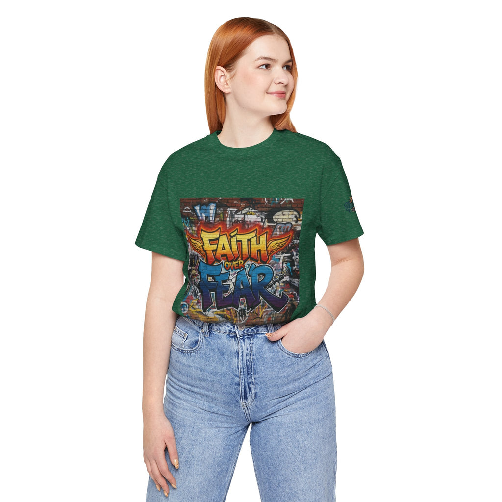 Faith Over Fear T-shirt – Graffiti Wall Christian T-shirt for Bold 2 Corinthians 5:7 Streetwear & Unshakable Faith Printify