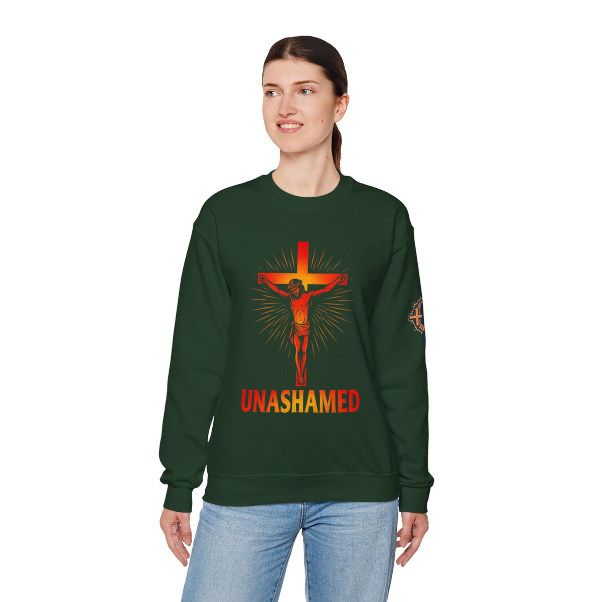 Unashamed Sweatshirt – Romans 1:16 Crucifixion Christian Sweatshirt for Bold Unwavering Faith Printify