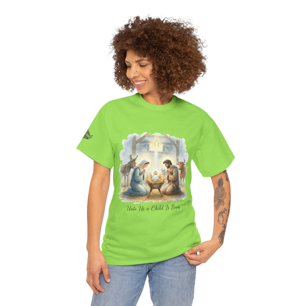 Unto Us a Child is Born T-shirt – Isaiah 9:6 Nativity Manger Scene Christian Christmas T-shirt for Holy Night Faith Printify