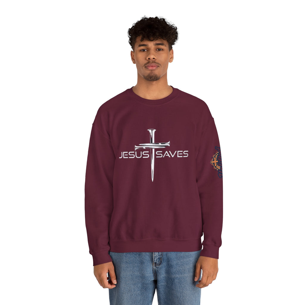 Jesus Saves Sweatshirt – 3 Nails Crucifix Cross Christian Sweatshirt for Redemption Faith & Bold Salvation Printify