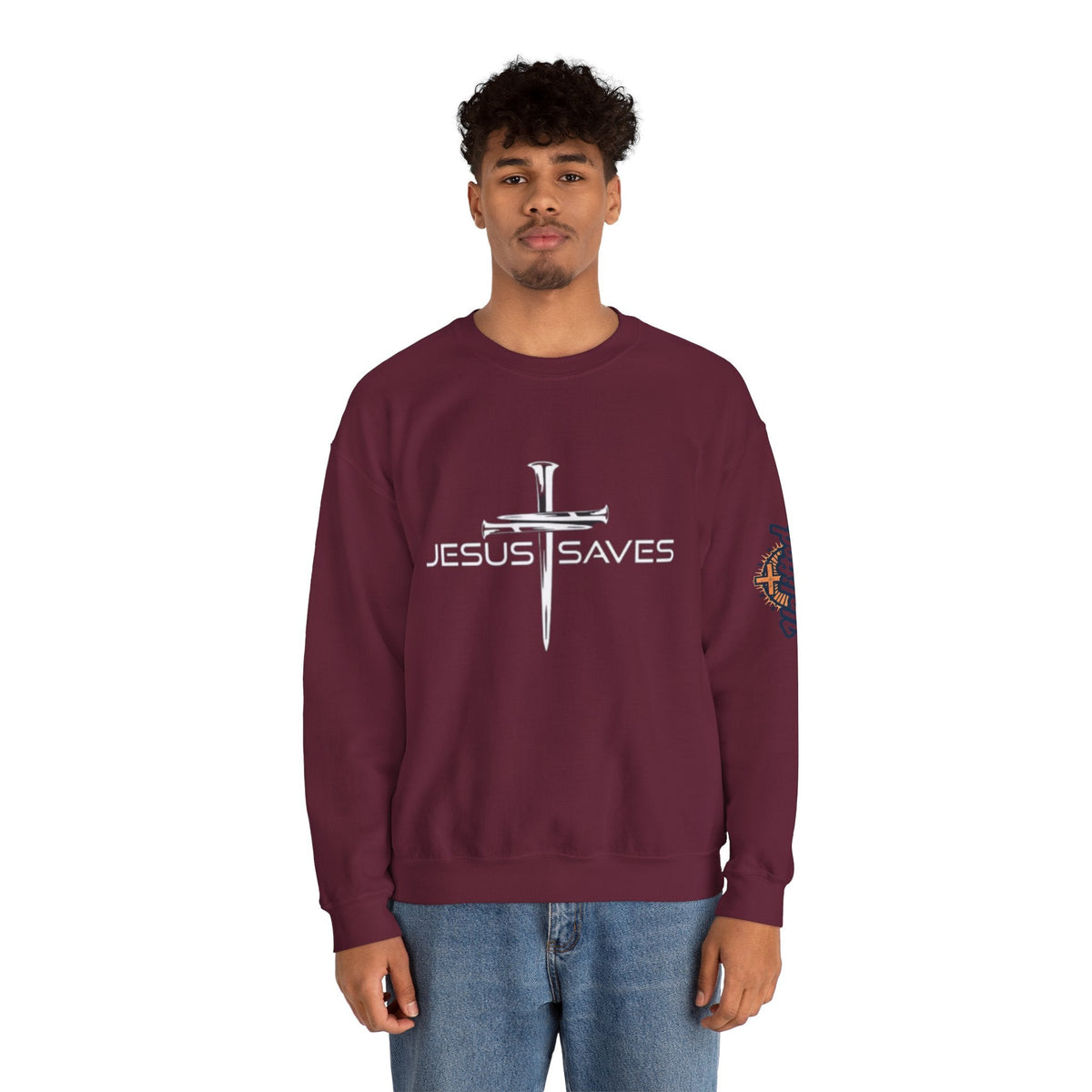 Jesus Saves Sweatshirt – 3 Nails Crucifix Cross Christian Sweatshirt for Redemption Faith & Bold Salvation Printify