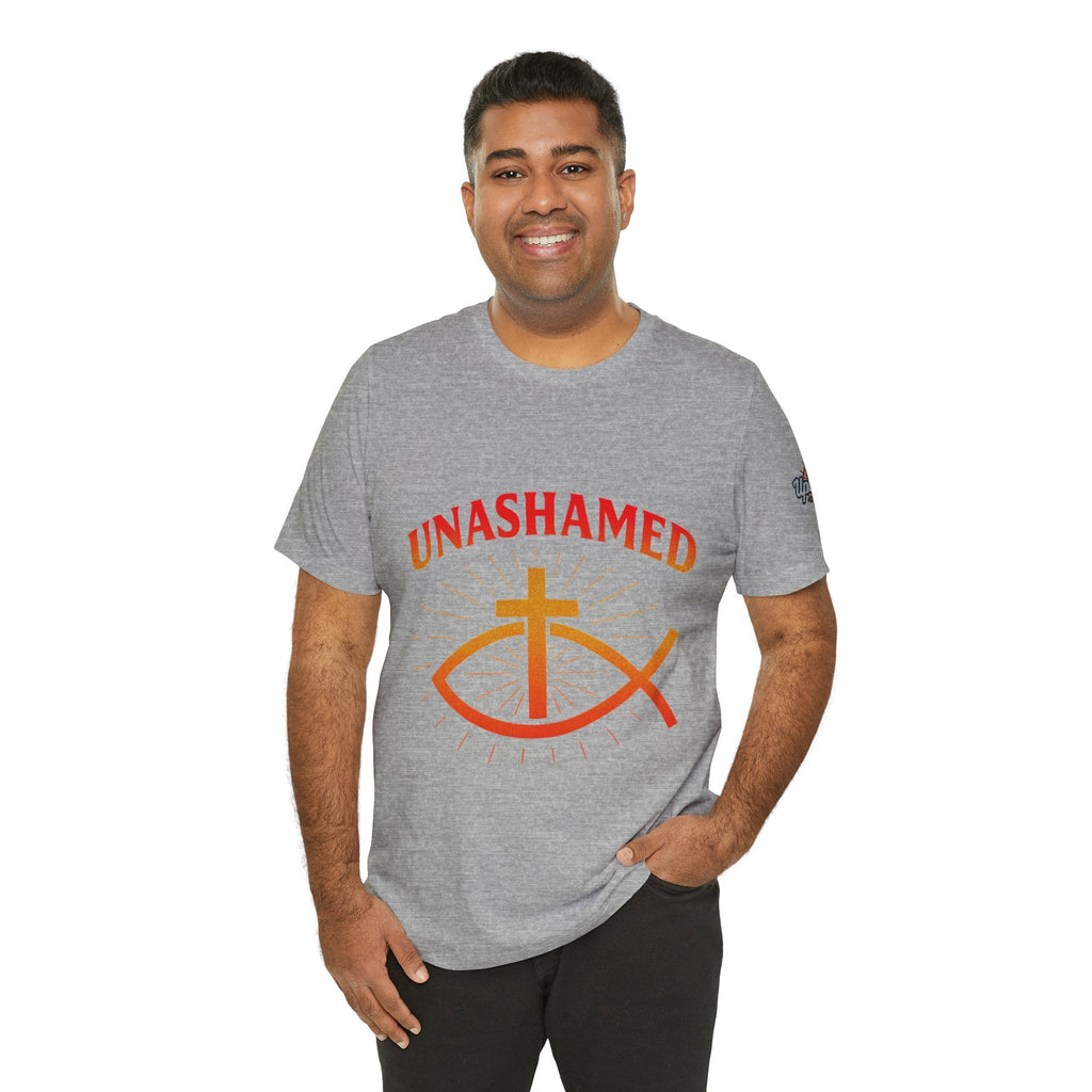 Unashamed T-shirt – Ichthys Jesus Fish & Cross Christian T-shirt for Romans 1:16 Bold Faith Printify