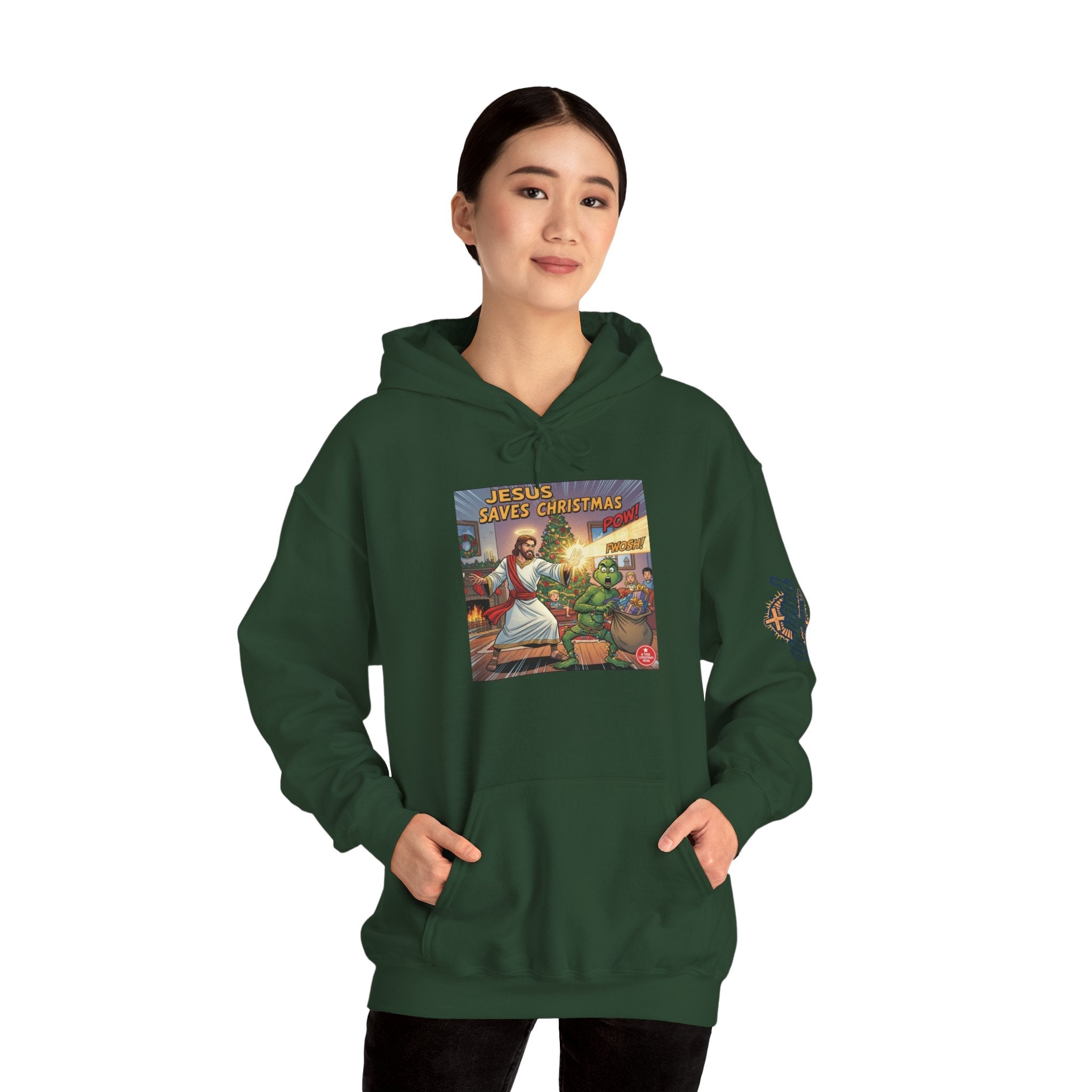 Jesus Saves Christmas Hoodie – Grinch vs Savior Light Battle Christian Sweatshirt for Hilarious Holiday Faith & True Joy Printify