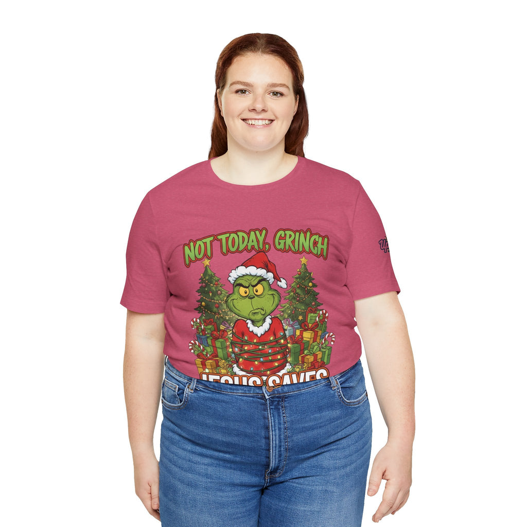 🎄 Not Today, Grinch – Jesus Saves | Funny Christian Christmas T-Shirt | Sulking Grinch & Glowing Cross | Bold Neon Faith Tee by Uplifted Gear Printify