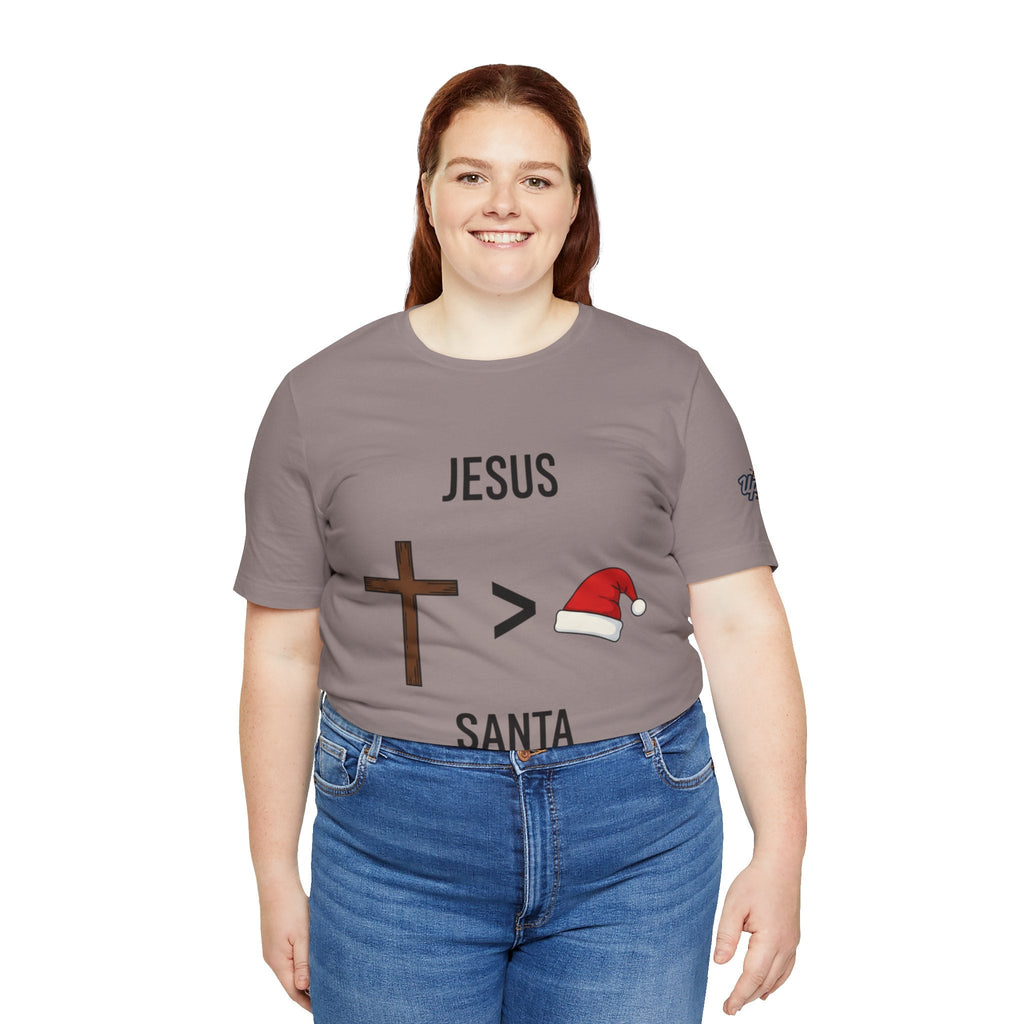🎄 Jesus > Santa – Minimalist Christian Christmas T-Shirt | Bold Faith Over Holiday Tee | Cross vs Santa Hat Design | Uplifted Gear Printify