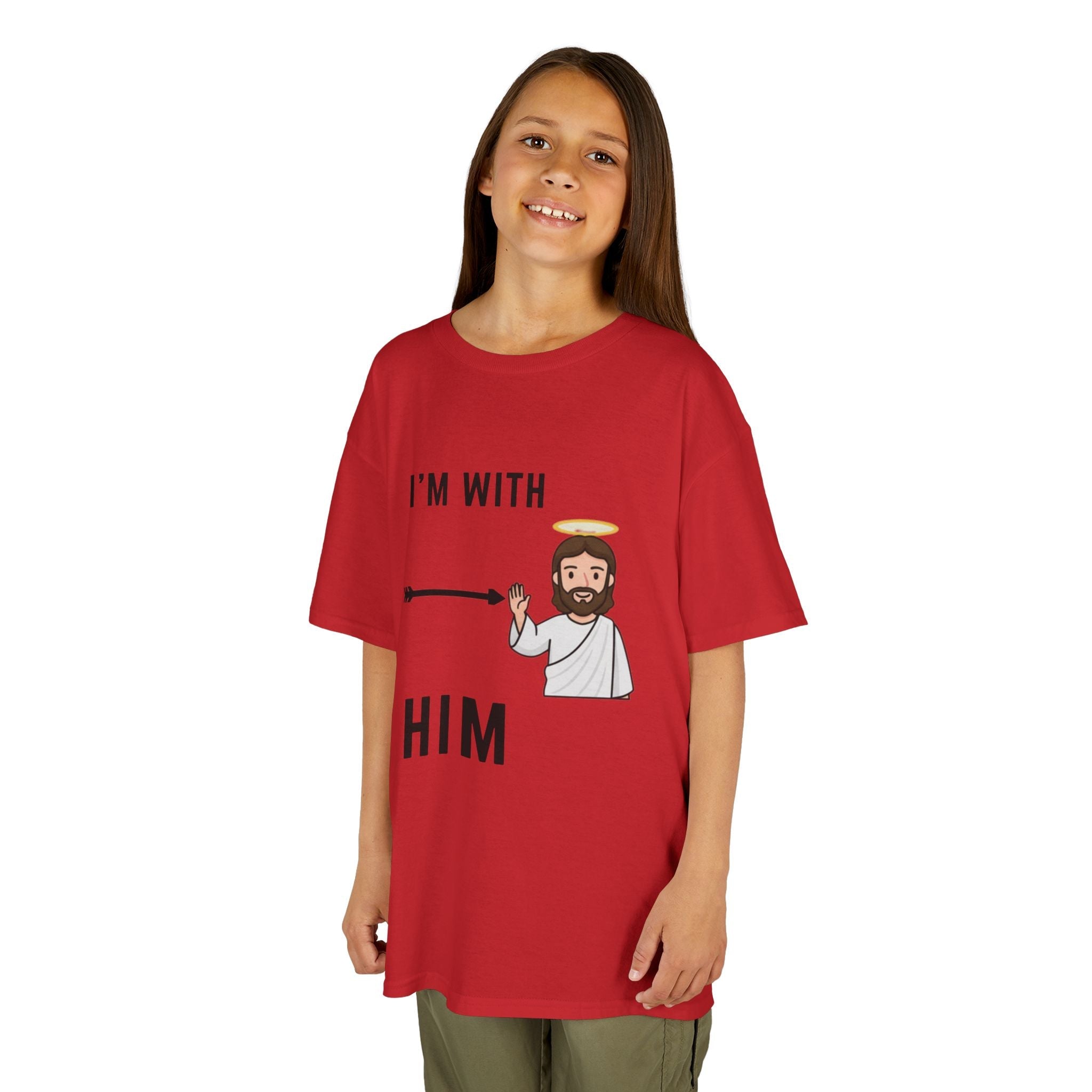 🔥 I’m With Him → Christian Kids T-Shirt | Arrow Pointing to Jesus | Minimalist Faith Tee | Subtle Cross Design | Bible-Inspired Apparel by Uplifted Gear Printify