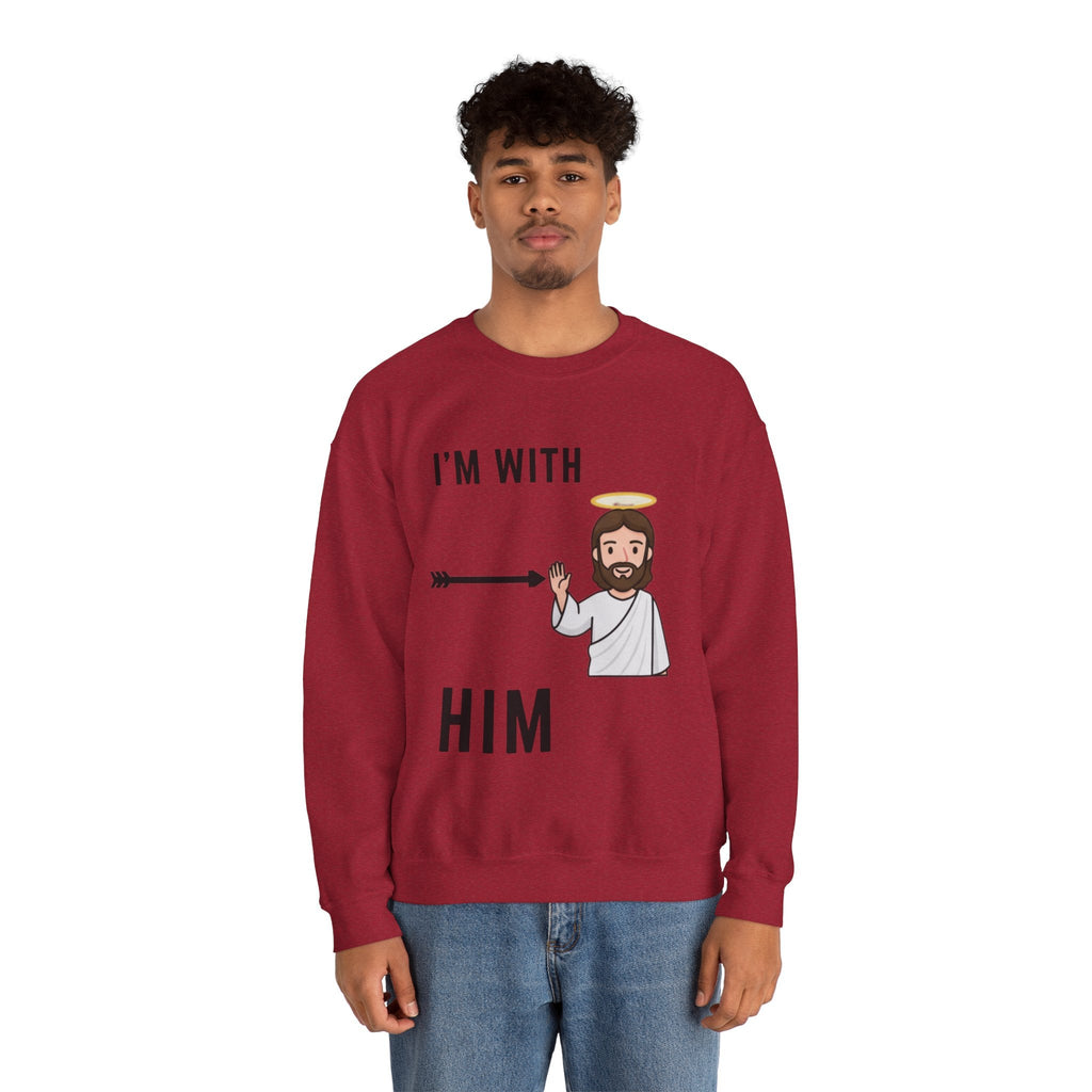 🔥 I’m With Him → Christian Sweatshirt | Arrow Pointing to Jesus | Minimalist Faith Tee | Subtle Cross Design | Bible-Inspired Apparel by Uplifted Gear Printify