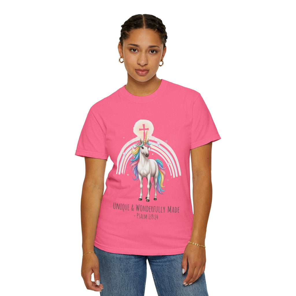 Unique Unicorn Christian T-Shirt – Wonderfully Made with Rainbow Cross & Psalm 139:14 Printify