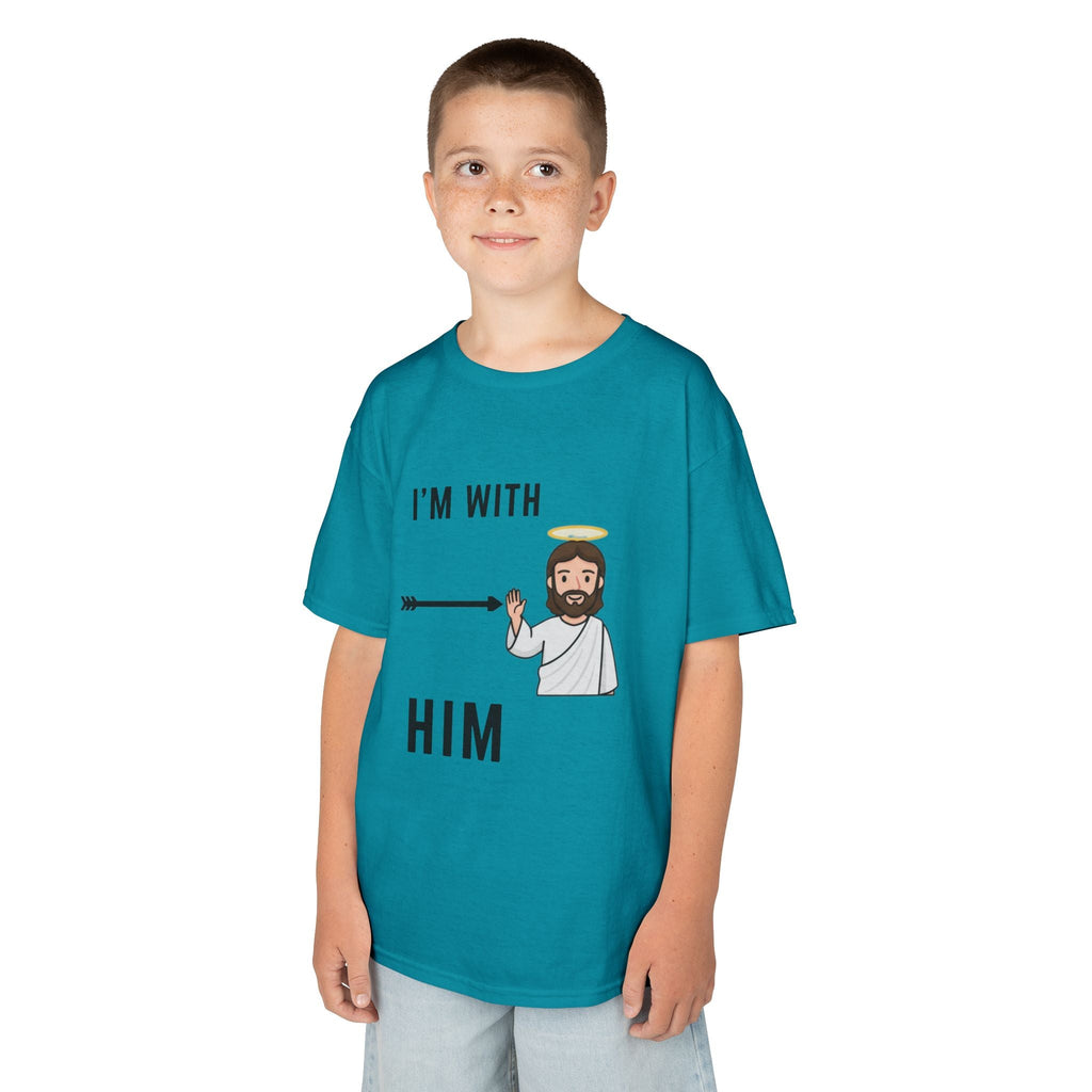 🔥 I’m With Him → Christian Kids T-Shirt | Arrow Pointing to Jesus | Minimalist Faith Tee | Subtle Cross Design | Bible-Inspired Apparel by Uplifted Gear Printify