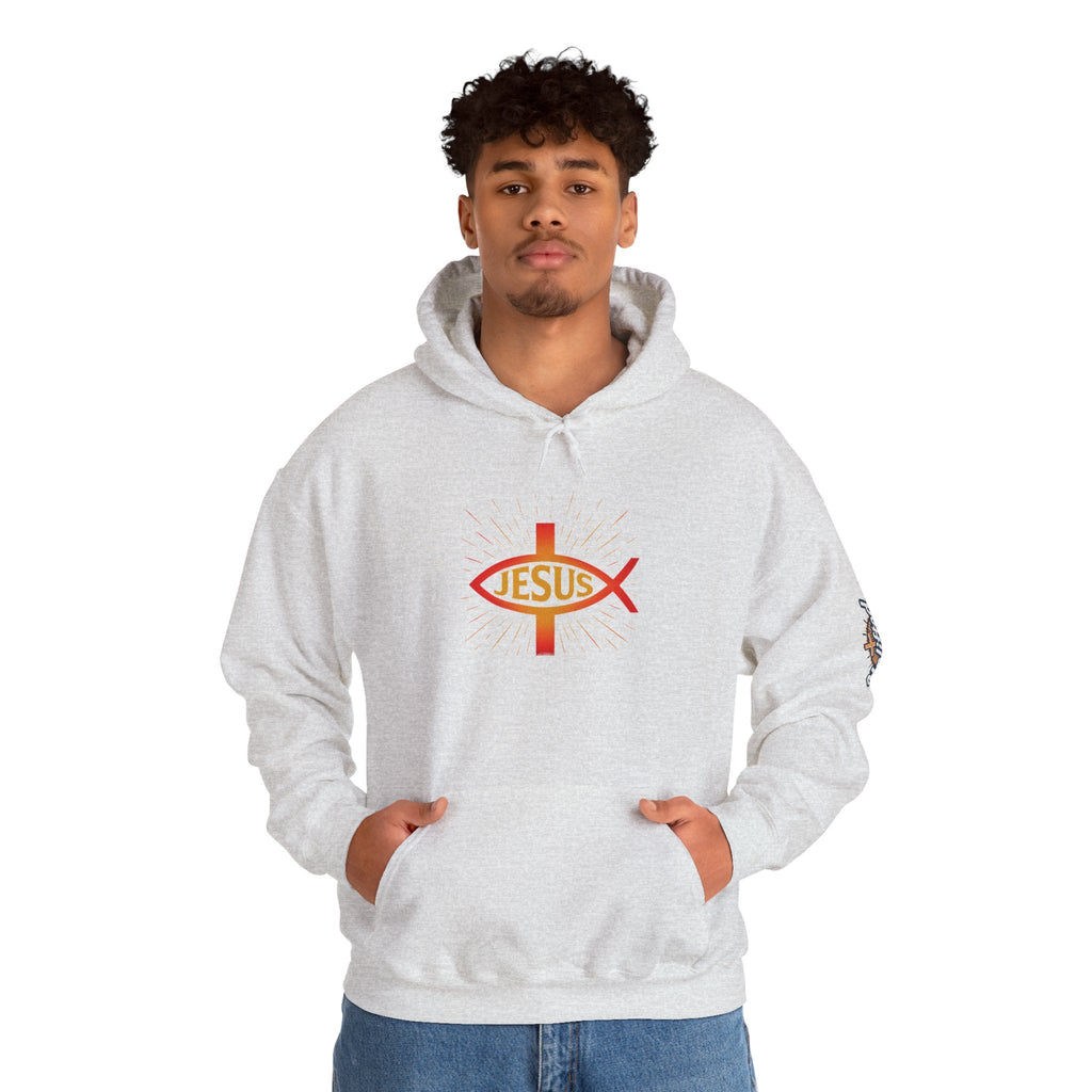 Jesus Ichthys Hoodie – Christian Fish Symbol with Cross & Jesus Inscription Sweatshirt for Eternal Faith & Streetwear Printify