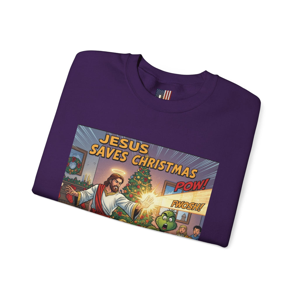 Jesus Saves Christmas Sweatshirt – Grinch vs Savior Light Battle Christian Sweatshirt for Hilarious Holiday Faith & True Joy Printify