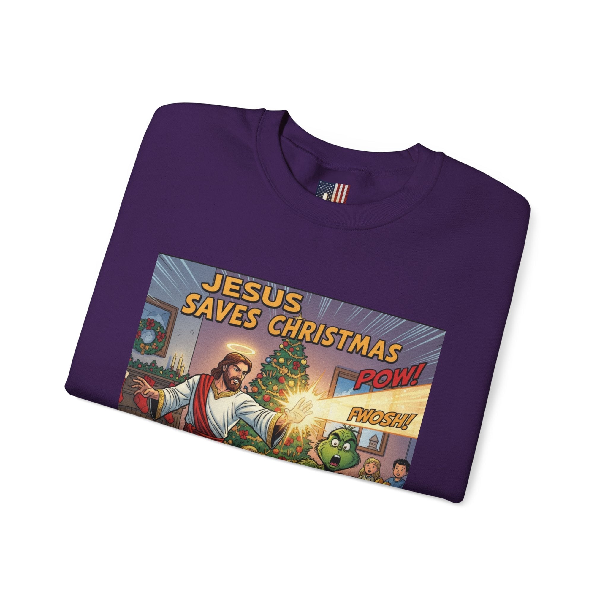 Jesus Saves Christmas Sweatshirt – Grinch vs Savior Light Battle Christian Sweatshirt for Hilarious Holiday Faith & True Joy Printify