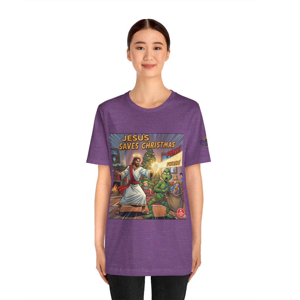 Jesus Saves Christmas T-shirt – Grinch vs Savior Light Battle Christian T-shirt for Hilarious Holiday Faith & True Joy Printify