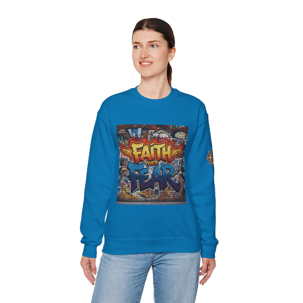 Faith Over Fear Sweatshirt – Graffiti Wall Christian Sweatshirt for Bold 2 Corinthians 5:7 Streetwear & Unshakable Faith Printify
