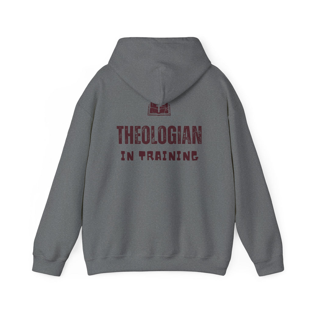 Theologian in Training Hoodie – Open Bible & Cross Christian Hoodie for Faithful Growth Printify