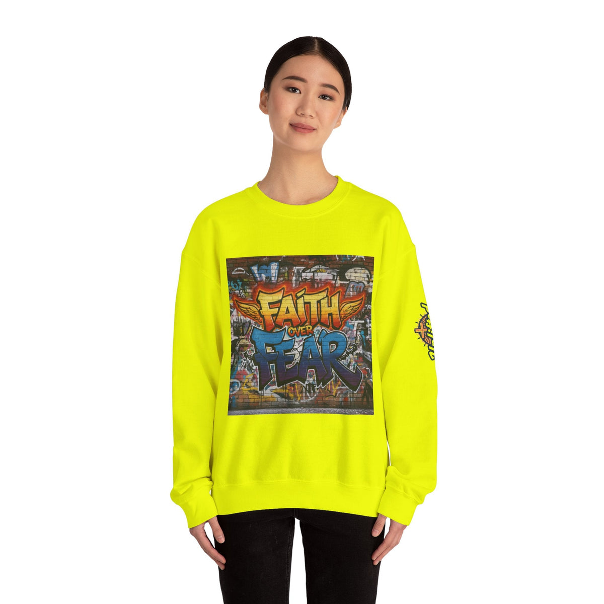 Faith Over Fear Sweatshirt – Graffiti Wall Christian Sweatshirt for Bold 2 Corinthians 5:7 Streetwear & Unshakable Faith Printify